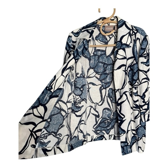 Chicos Navy Linen Blend Navy Black Pattern Open Front Jacket Career Art to Wear - Picture 12 of 15